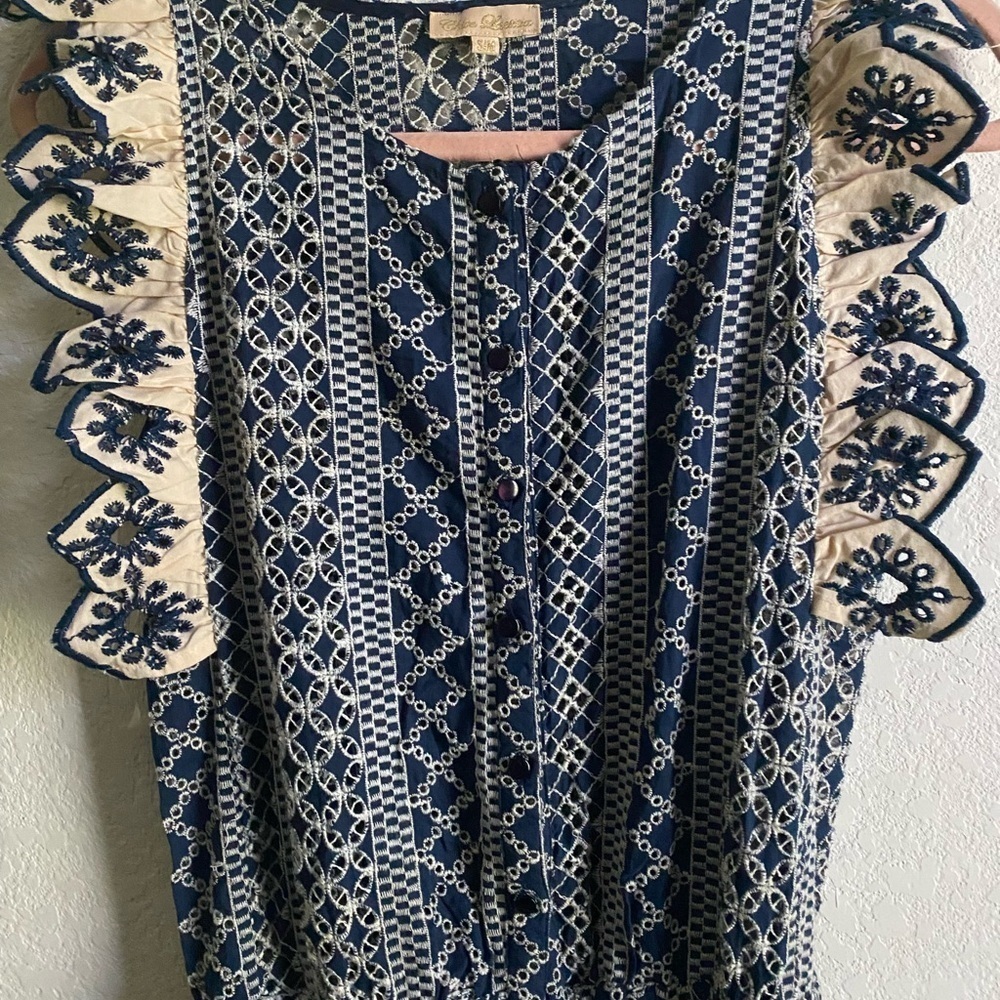 Chloe Laetitia Ruffle Detail Embroidered Eyelet Blue Cream Belted Jumpsuit Sz S - Picture 11 of 16